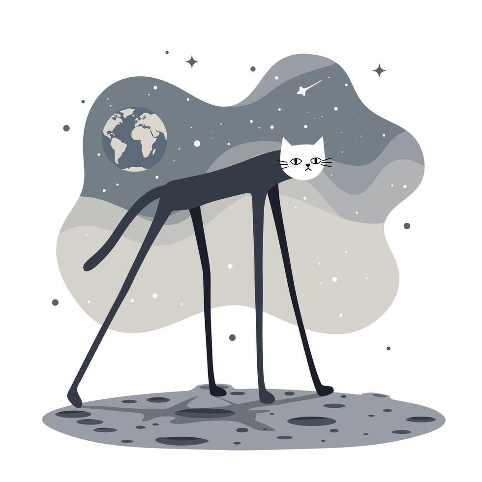 Surreal illustration of a long-legged cat with a white face walking on a cratered moon surface under a starry space sky with Earth visible in the background vector