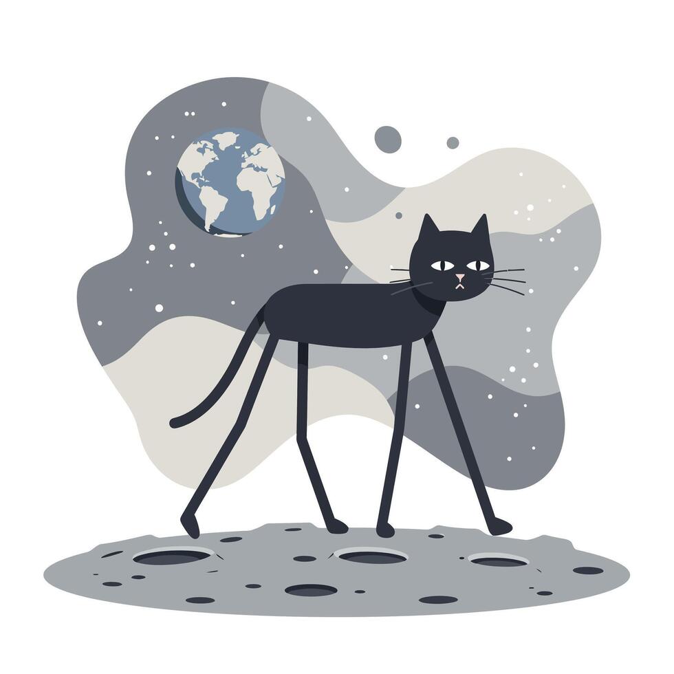 Stylized black cat with elongated legs walking on a cratered surface under a starry sky with Earth visible in the background, evoking a surreal and cosmic atmosphere vector