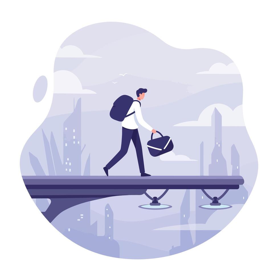 Man wearing white shirt and black pants walking on a narrow bridge with a backpack and a bag in a futuristic cityscape background vector