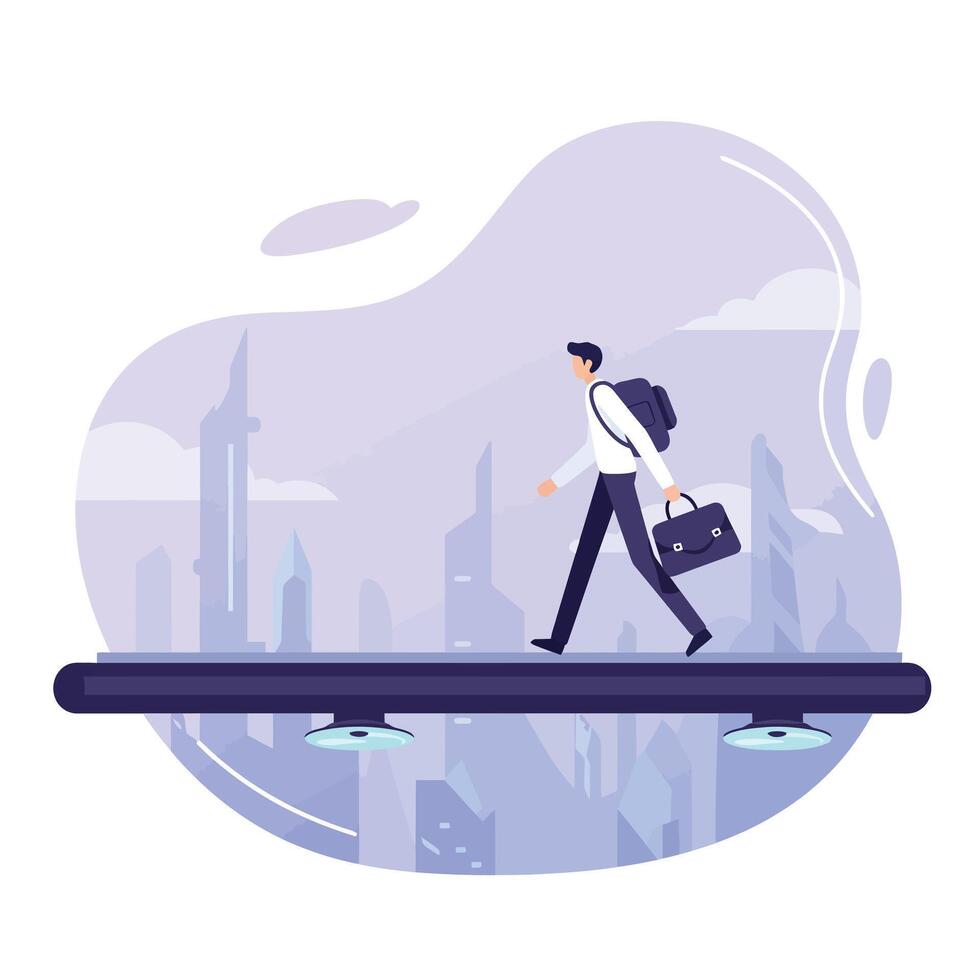 Businessman walking on futuristic floating platform with briefcase and backpack in modern cityscape with tall skyscrapers under cloudy sky vector