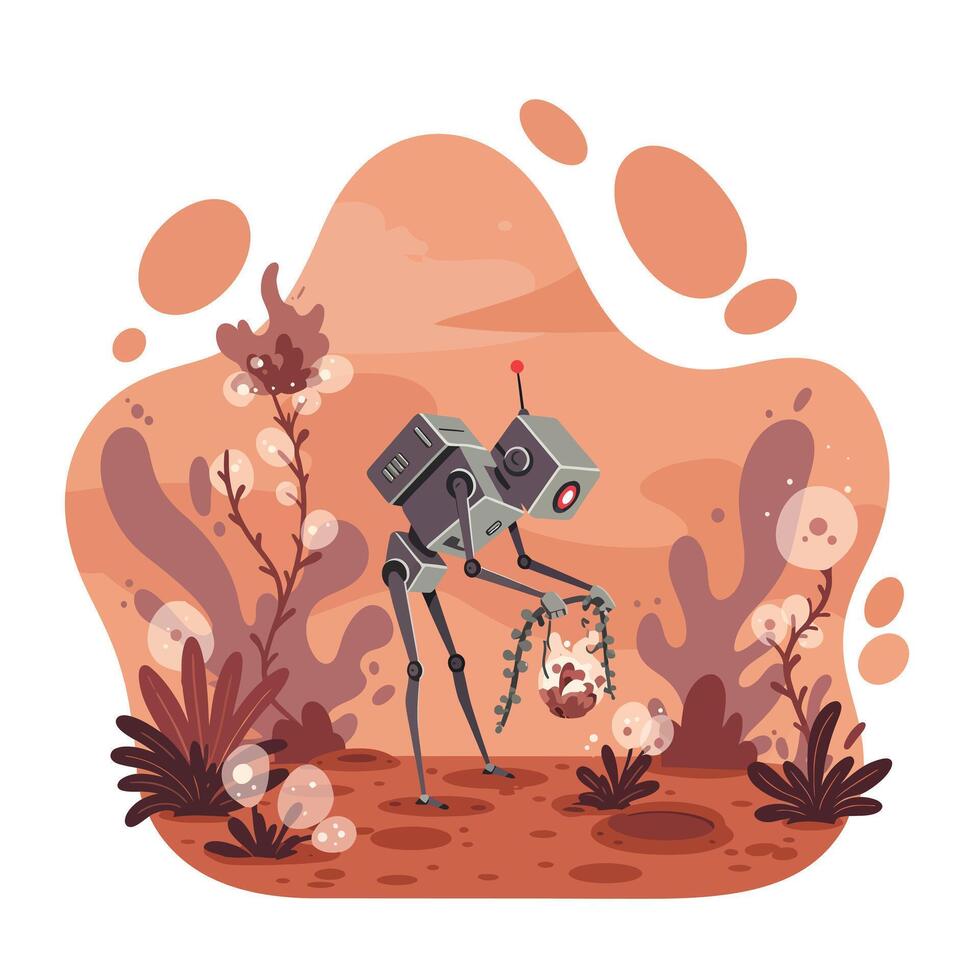 Futuristic bipedal robot carefully holding a blooming flower in an alien desert landscape with reddish soil and abstract plants, conveying curiosity and calm exploration vector