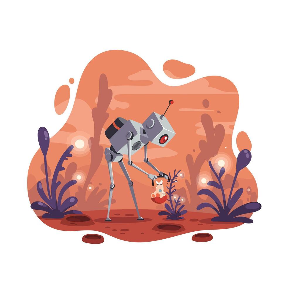 Robot with long legs gently holding a small rabbit in an abstract orange and purple alien landscape with glowing plants and soft atmosphere vector