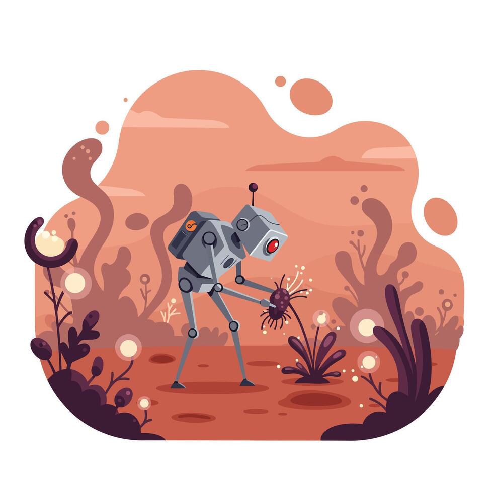 Small gray robot with red eye examining alien creature in surreal orange landscape with strange plants and glowing orbs, futuristic exploration scene with mysterious atmosphere vector