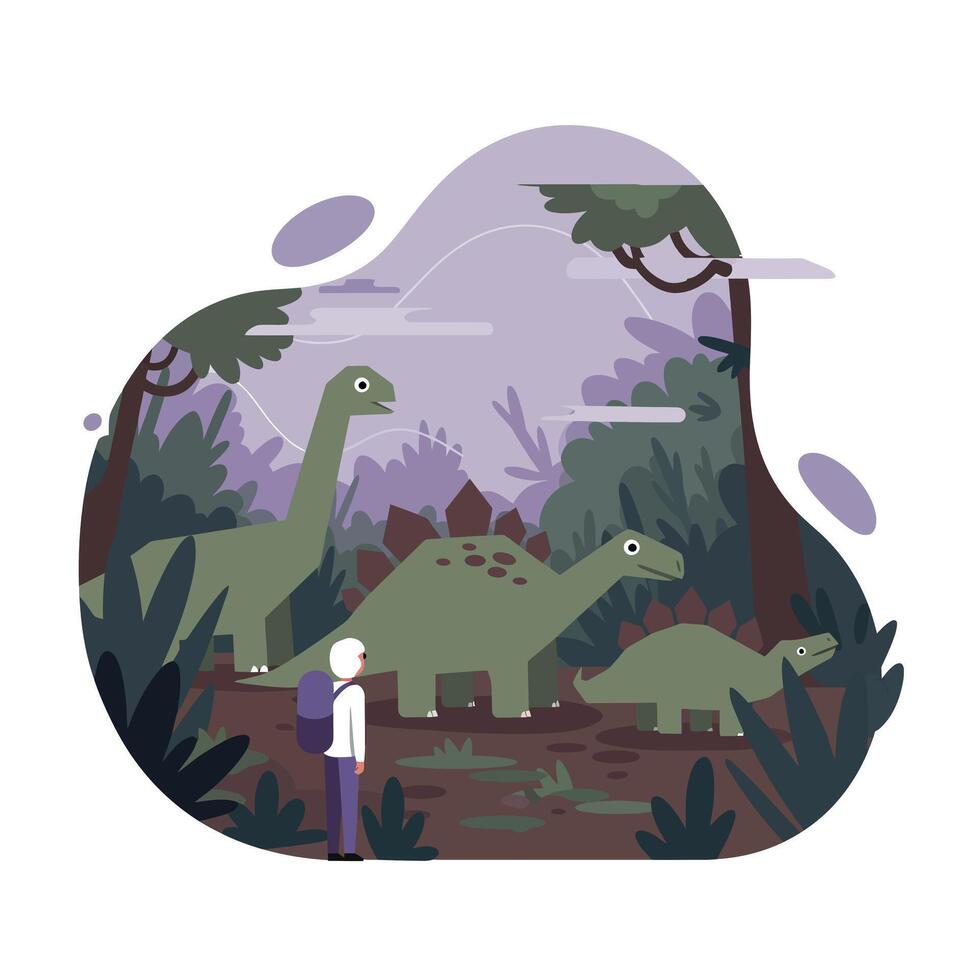 A person with a backpack observing a group of three green dinosaurs in a dense prehistoric forest setting with tall trees and bushes under a cloudy purple sky vector