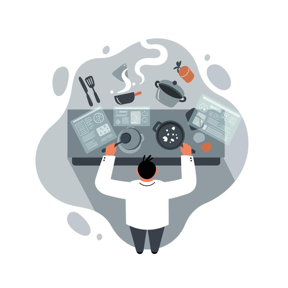 Male chef cooking at a modern kitchen stove surrounded by utensils and ingredients preparing a meal in a professional setting vector