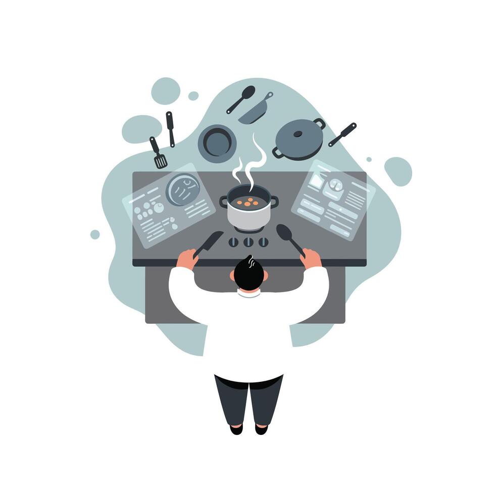 Overhead view of a chef cooking soup on stove surrounded by kitchen utensils and recipe instructions in a modern kitchen setting vector