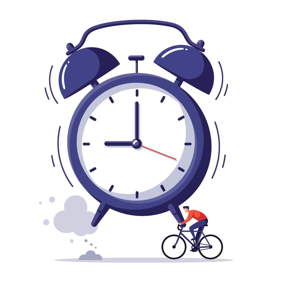 Illustration of a man riding a bicycle beneath a large ringing alarm clock symbolizing urgency and time pressure in a minimalist setting vector