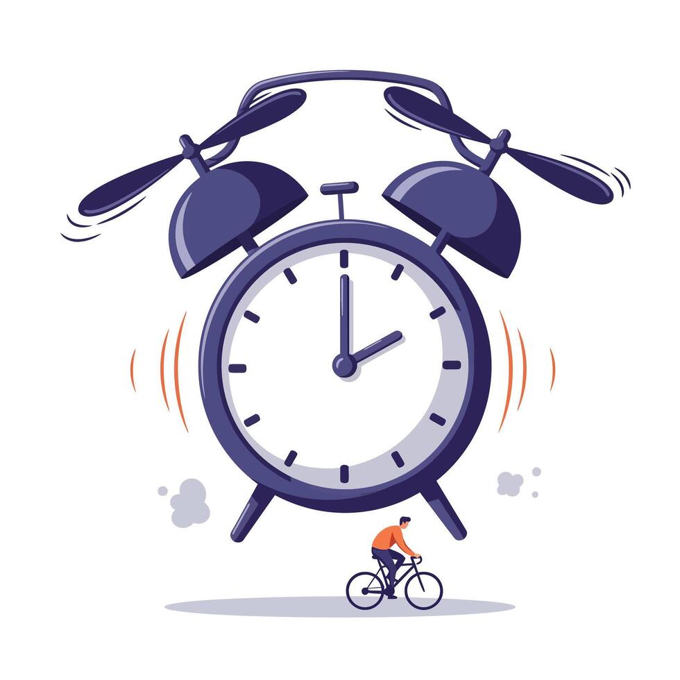 Illustration of a large vintage alarm clock ringing loudly above a man riding a bicycle below, symbolizing urgency and time pressure in an everyday setting vector