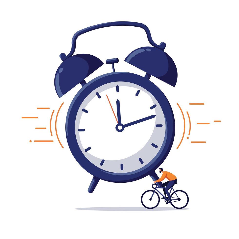 Man riding a bicycle beside a large blue alarm clock with ringing bells, symbolizing urgency and time management in a minimalist white background vector