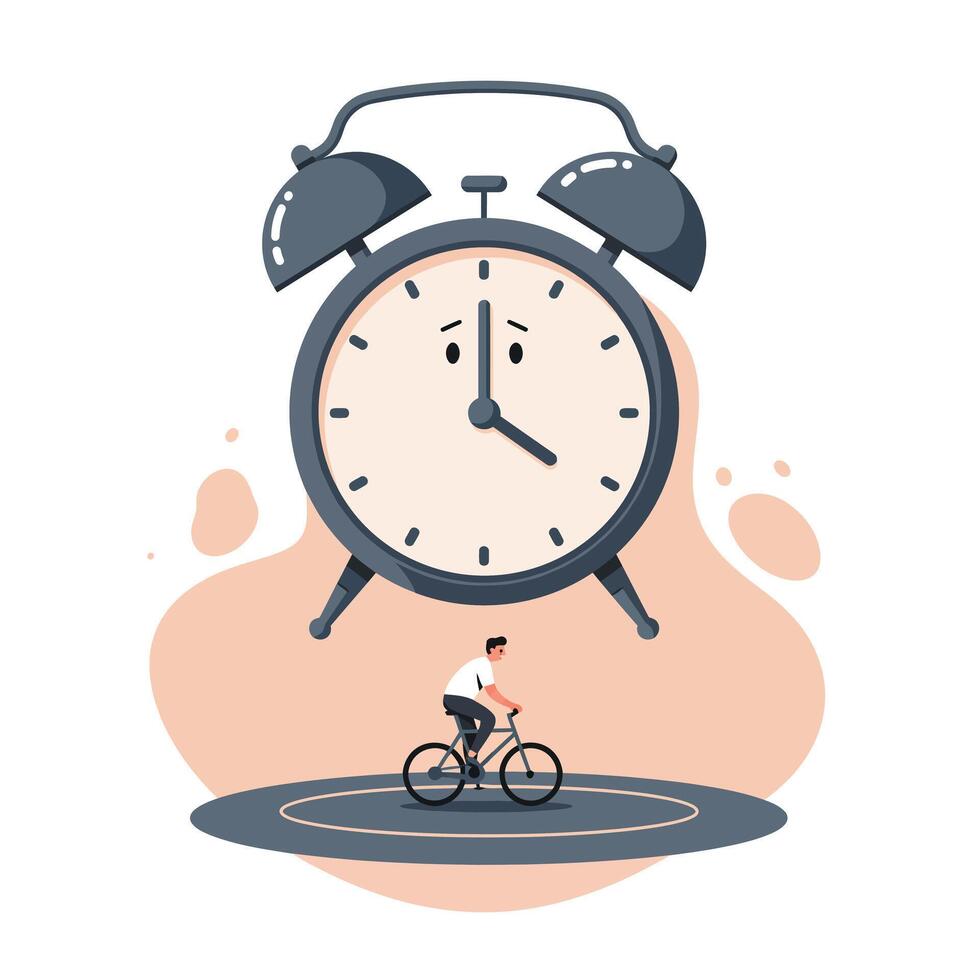 Man riding bicycle under large vintage alarm clock symbolizing time management and daily routine balance vector