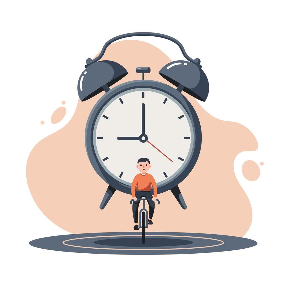 Young man riding bicycle in front of large vintage alarm clock symbolizing time management and daily routine balance in minimalist style vector