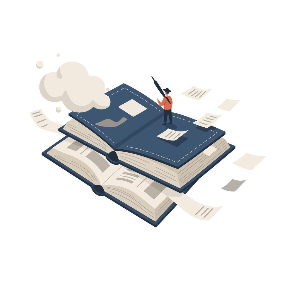Small person standing on two large open books with flying pages and thought cloud, depicting imagination and creative thinking in a minimalist white space vector