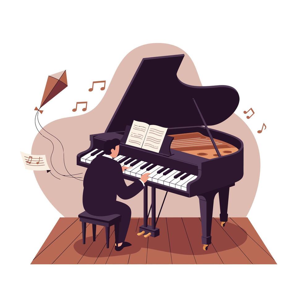 Man dressed in black playing grand piano with open sheet music on wooden floor, surrounded by flying musical notes and a kite symbolizing creativity vector