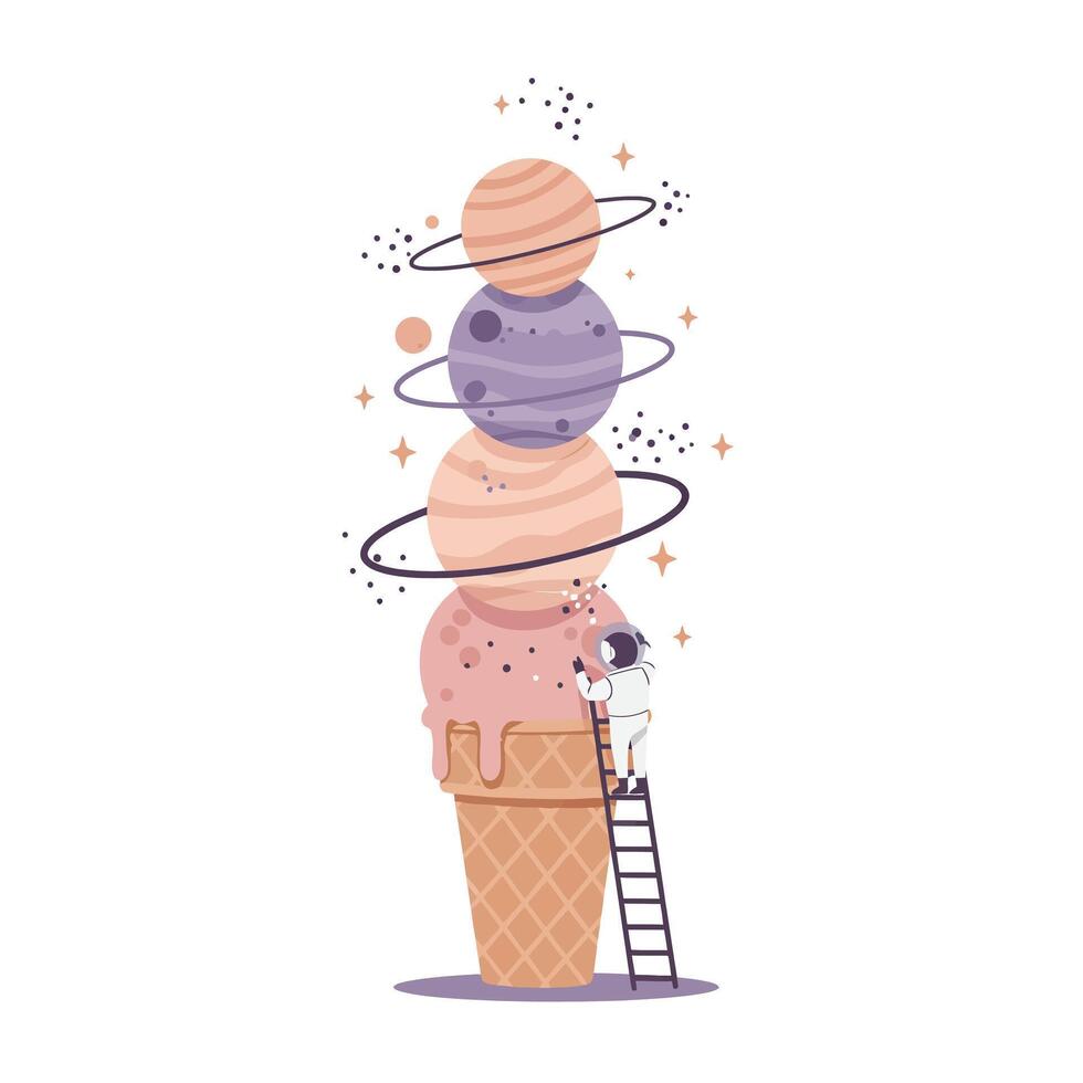 Small astronaut climbing a ladder to scoop planets stacked like ice cream scoops within a waffle cone in a whimsical space-themed illustration vector