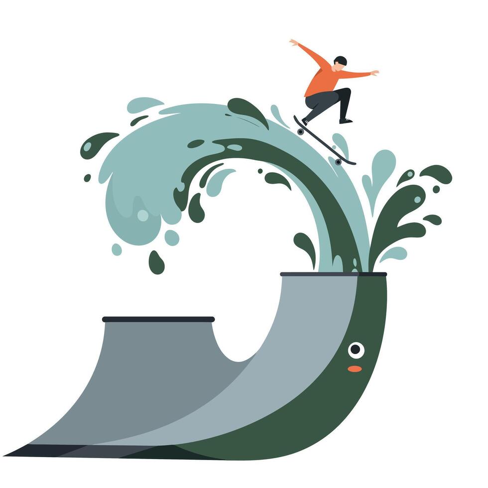 Young skateboarder in orange shirt performing a jump trick on a large whale-shaped skate ramp with water splash effects and dynamic motion vector