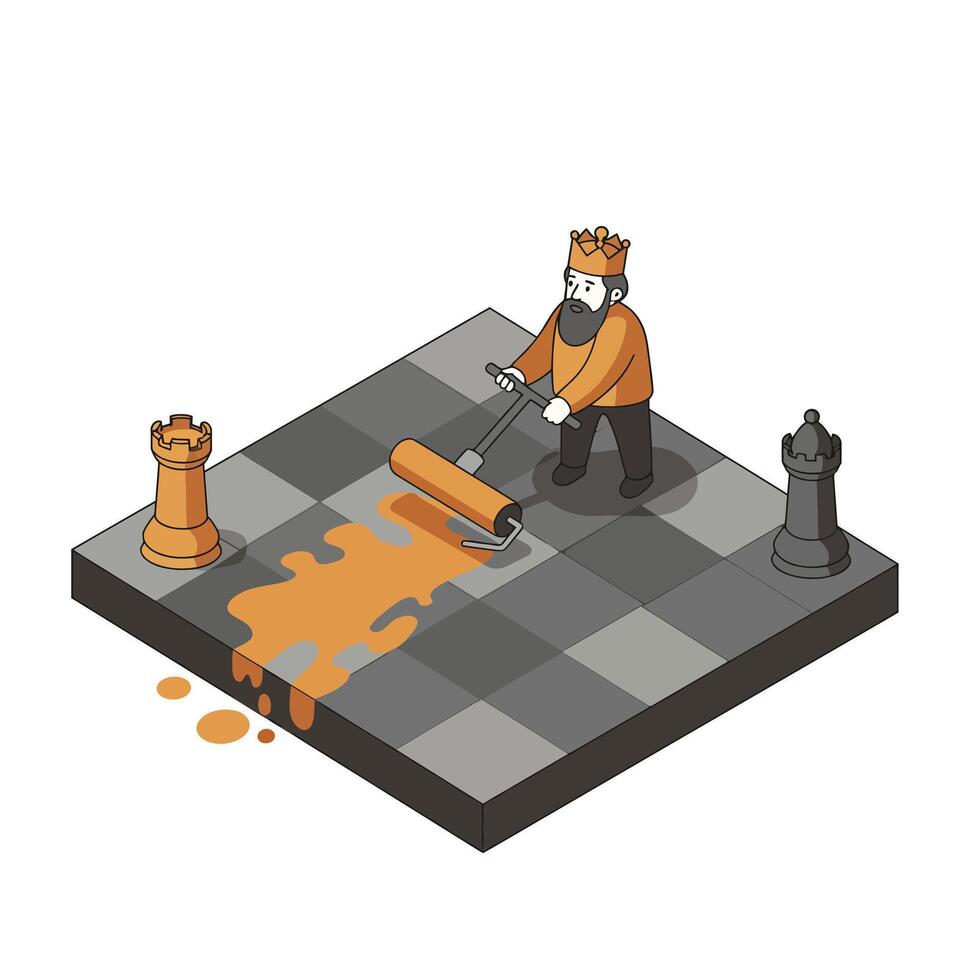 Bearded man wearing a crown rolling orange paint across a large chessboard with rook pieces, symbolizing strategy and creative intervention in a game setting vector