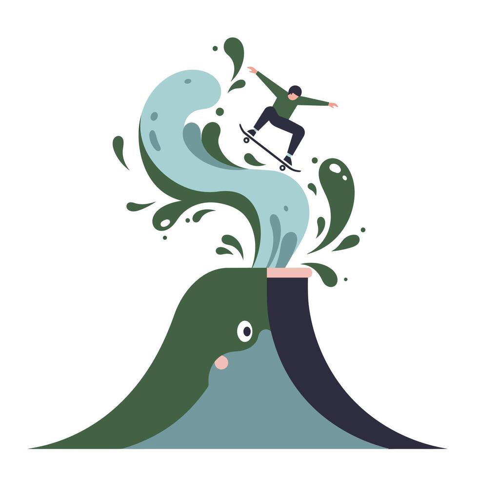 Cartoon illustration of a skateboarder performing a trick on a large green whale-shaped wave erupting with splashes, showcasing dynamic movement and playful energy vector