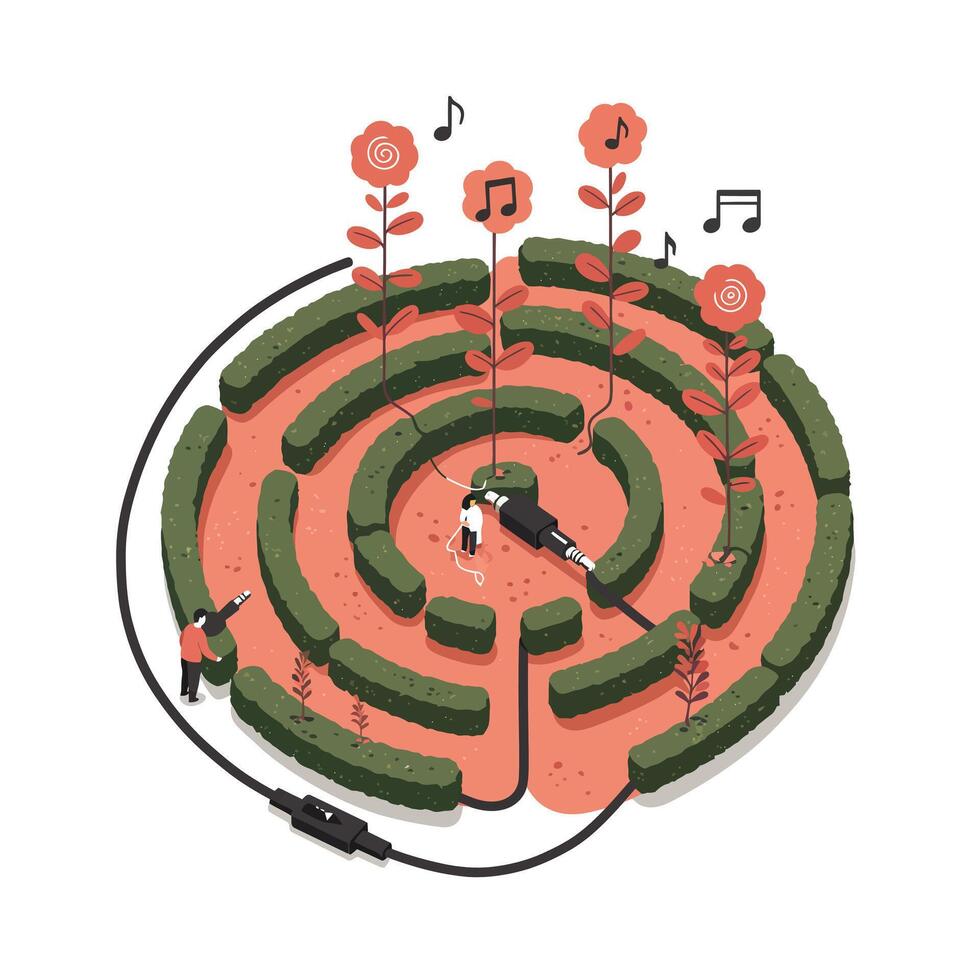Circular garden maze with tall blooming flowers emitting musical notes connected by a black audio cable, featuring two miniature people exploring and interacting with the sound elements vector