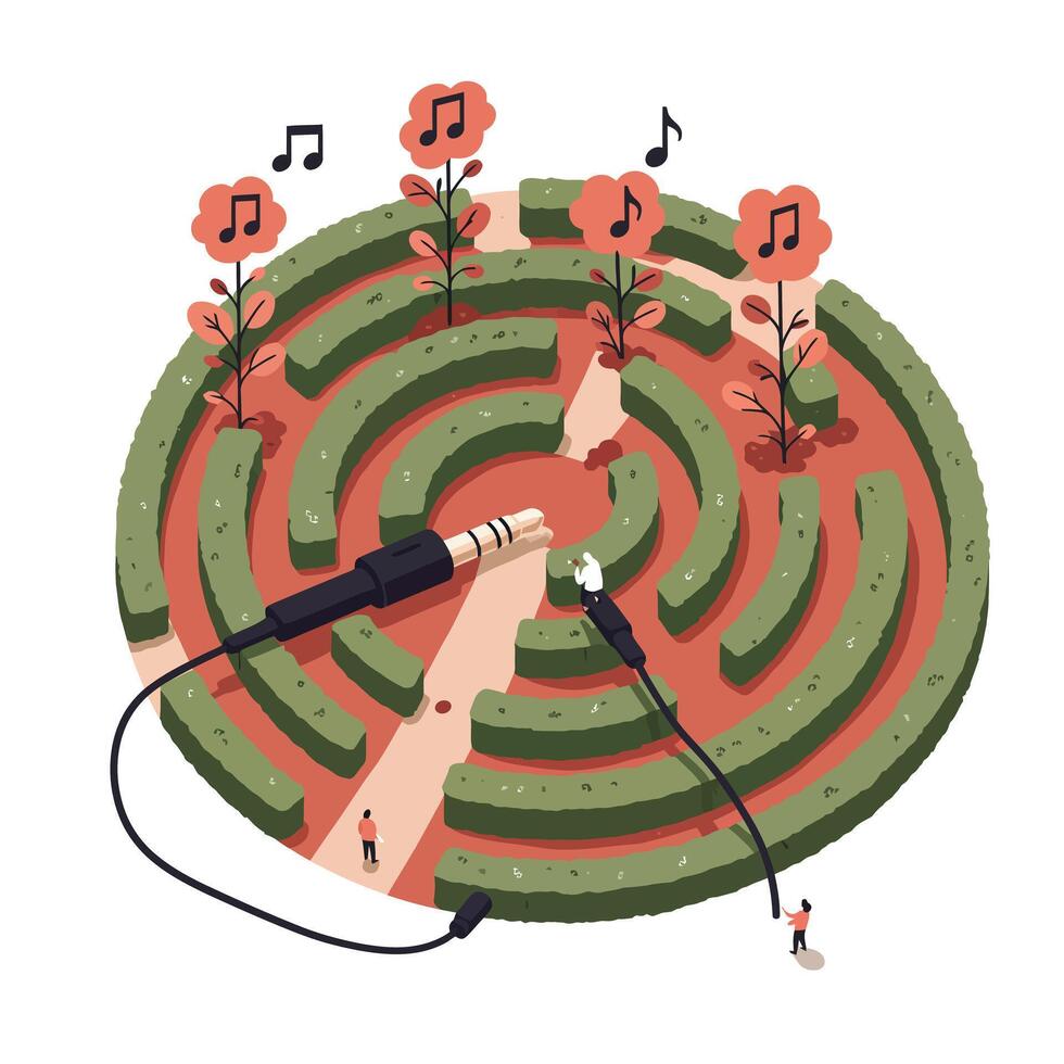 Hands connecting audio jack plug to socket in the center of circular garden maze with blooming flowers and musical notes vector