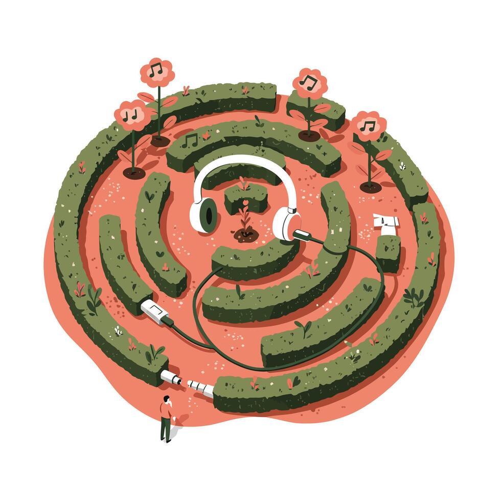 Circular green hedge maze with large white headphones and audio plug cables surrounded by small plants with music notes, set on orange ground with a small person observing vector