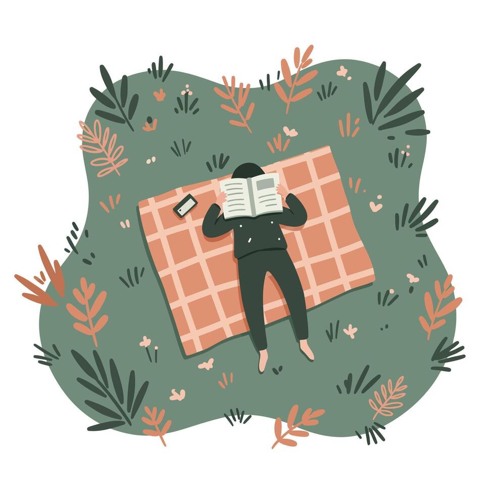 Person lying on a checkered picnic blanket in a grassy field, reading a book surrounded by scattered plants and calm natural environment vector