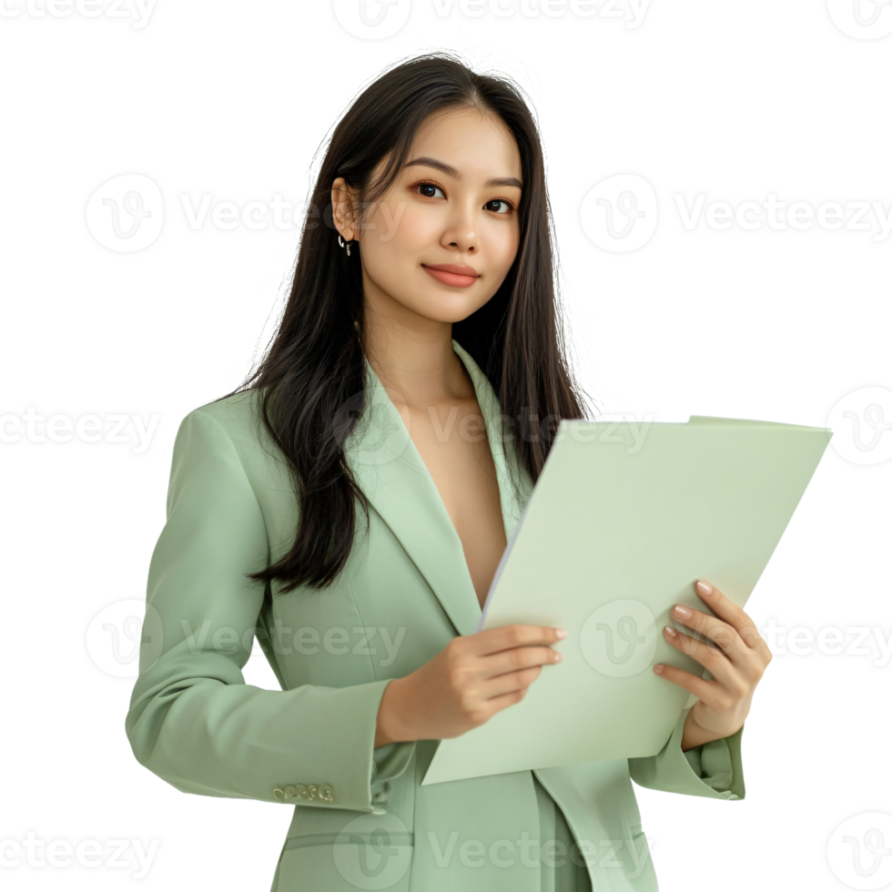 Smiling woman with a paper in a boardroom setting png