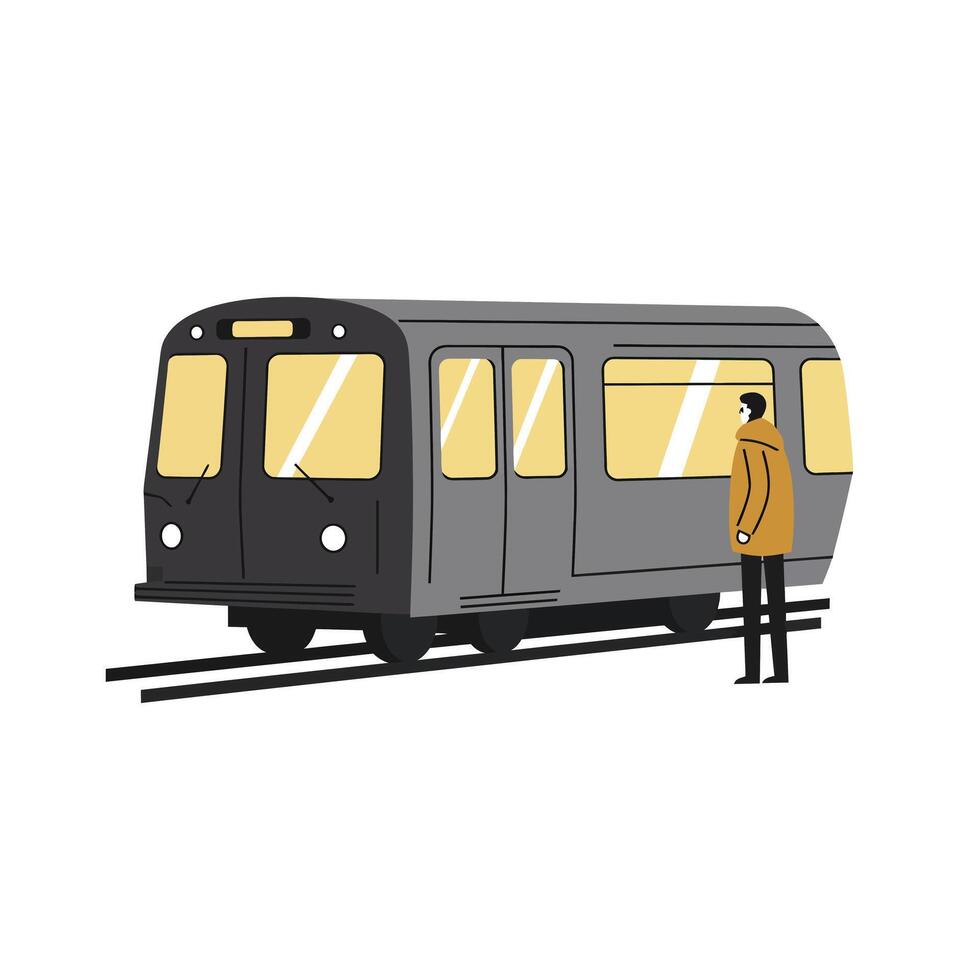 Man in brown coat standing next to modern grey subway train on tracks with illuminated windows in minimalistic white background vector