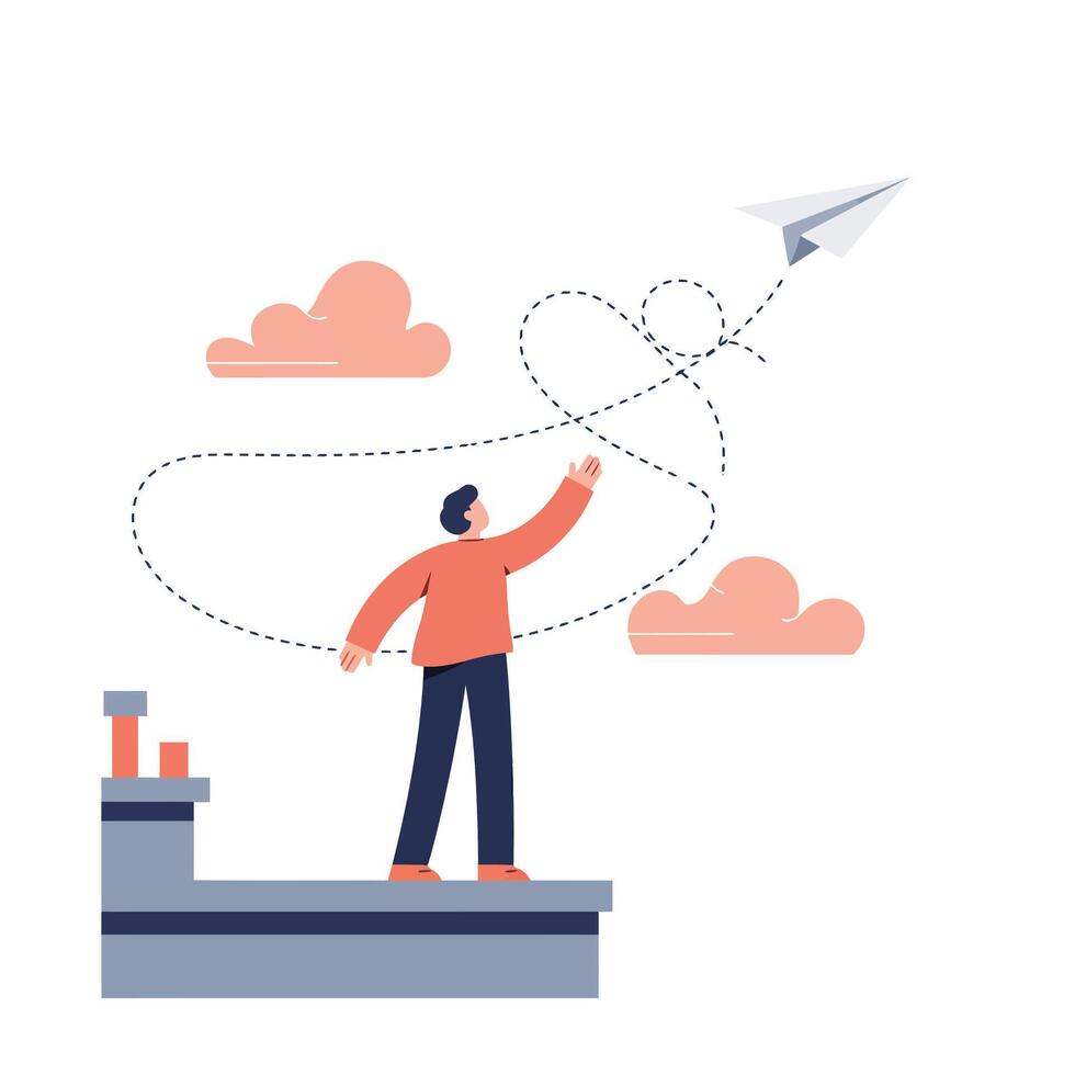 Man standing on rooftop launching white paper airplane into sky with dotted flight path and soft pink clouds around vector