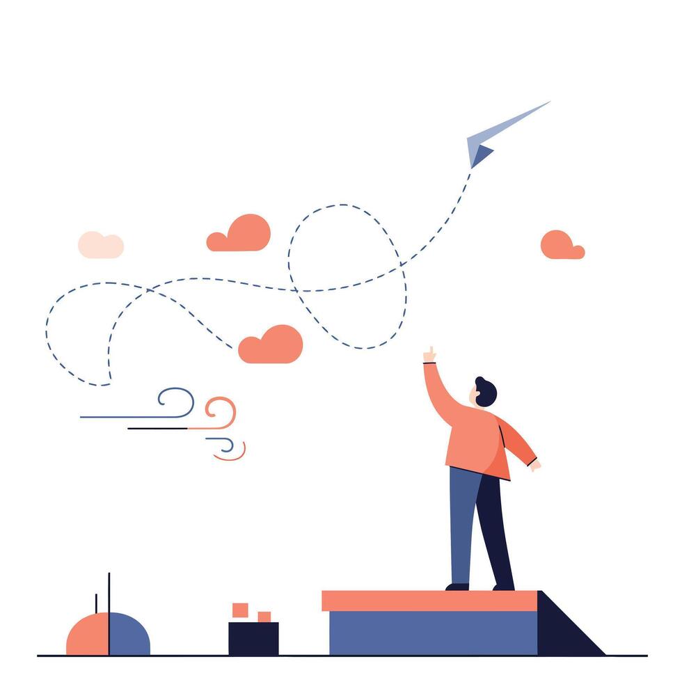 Man standing on a platform launching a paper airplane into the sky with swirling wind and scattered clouds, symbolizing creativity and freedom in a minimalistic style vector