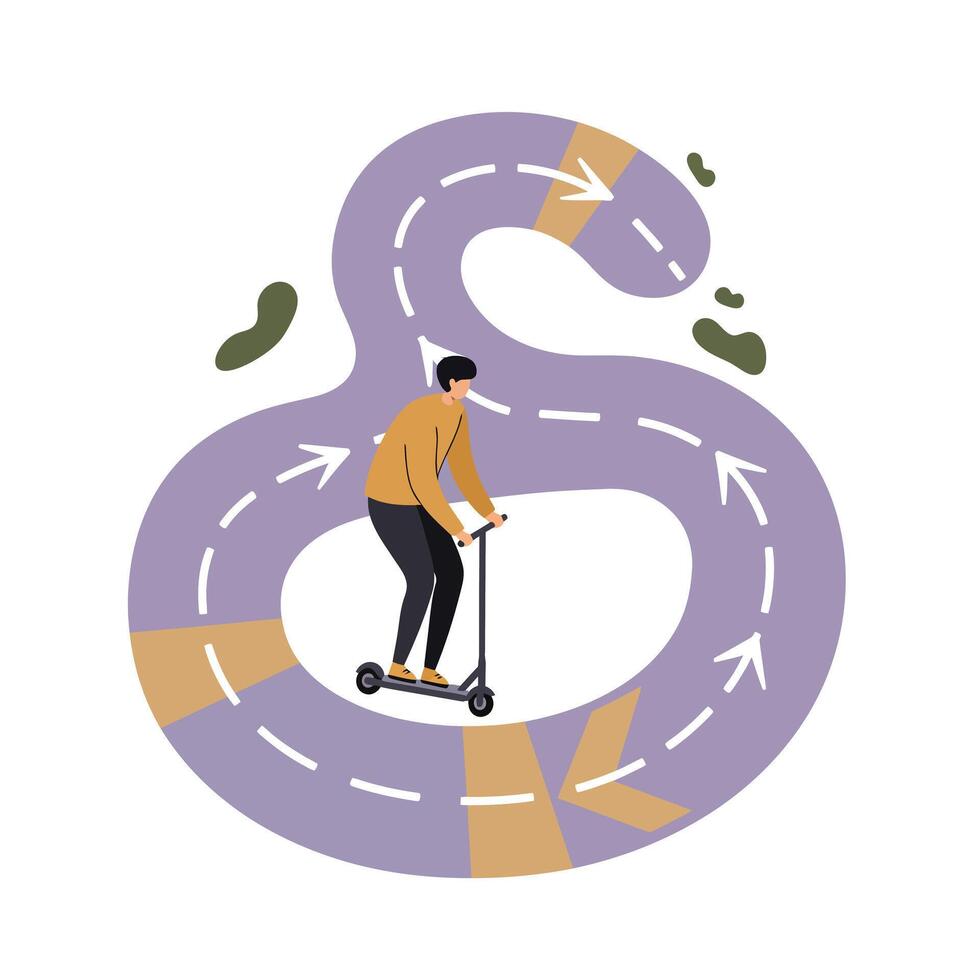 Man riding electric scooter on winding curvy road with directional arrows and scattered leaves in abstract outdoor setting vector
