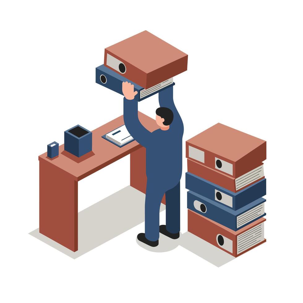 Man organizing office files by stacking large binders next to a wooden desk in a minimalist workspace setting with a focused mood vector
