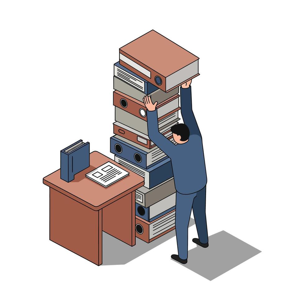 Man in blue shirt struggling to stack tall pile of thick binders beside wooden office desk with organized documents vector