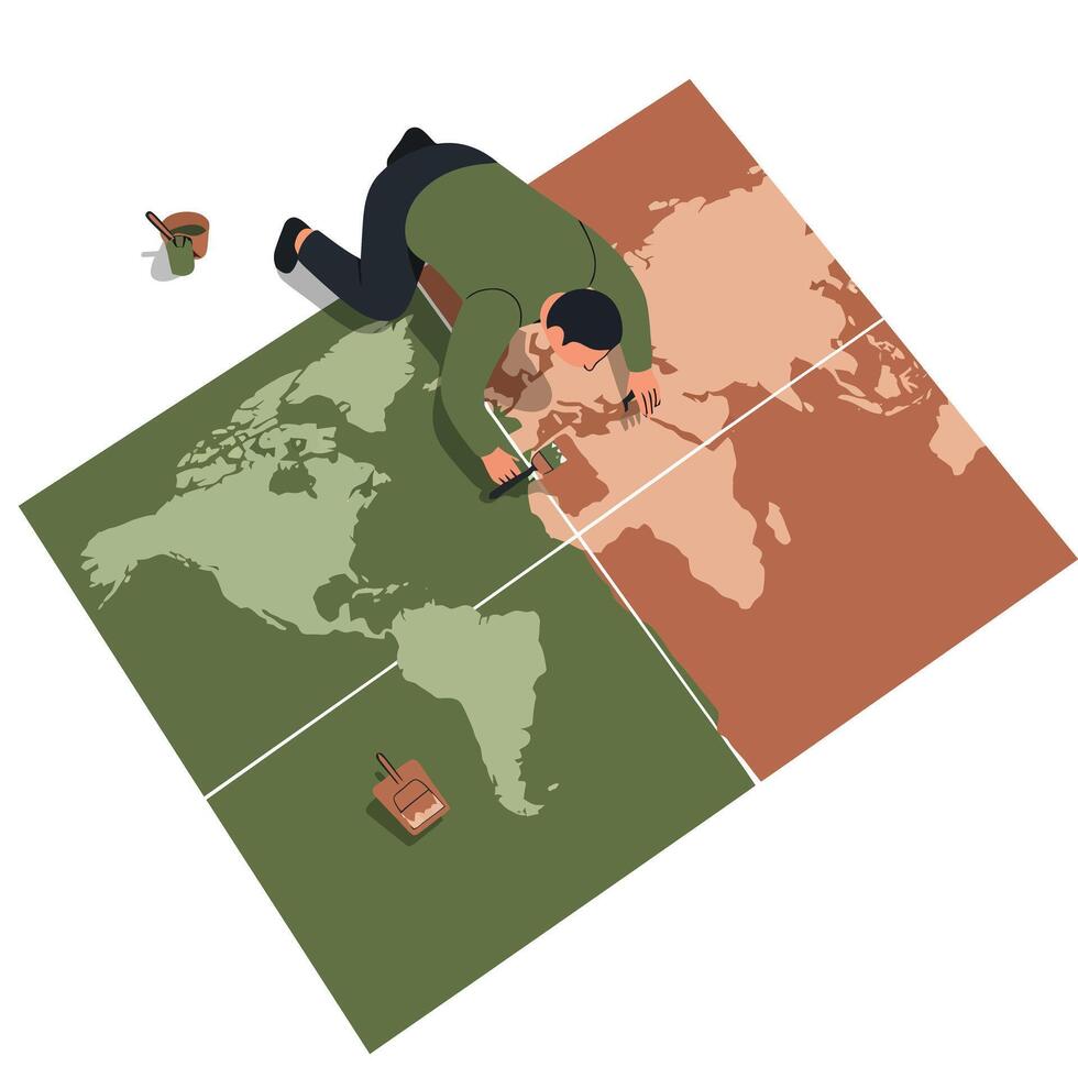 Man in green sweater and black pants painting a large world map divided into green and brown sections on the floor with brushes and paint pots, focused on precise lines vector