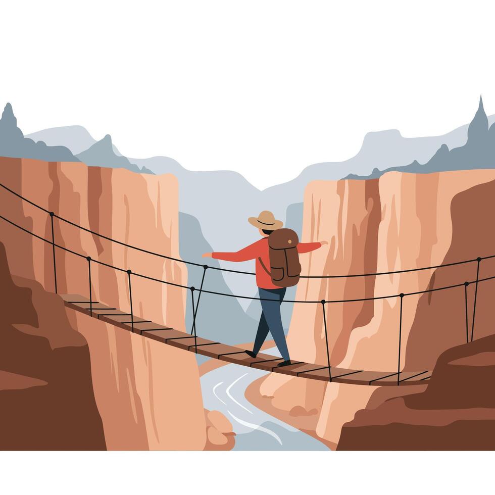 Man wearing a hat and backpack carefully crossing a narrow suspension bridge over a deep canyon with a river flowing below under a cloudy sky vector