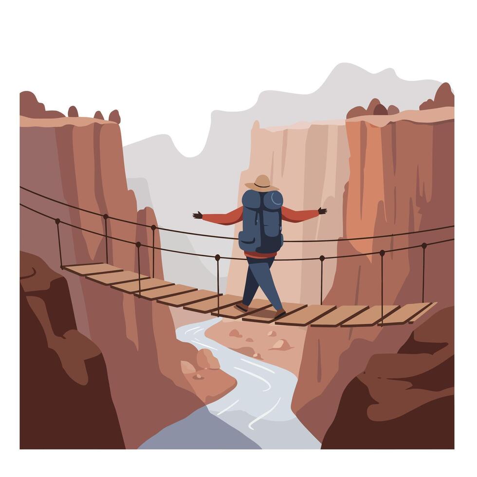 Hiker wearing a backpack cautiously crossing a narrow wooden suspension bridge over a deep canyon with rocky cliffs and a winding river below in a remote wilderness setting vector