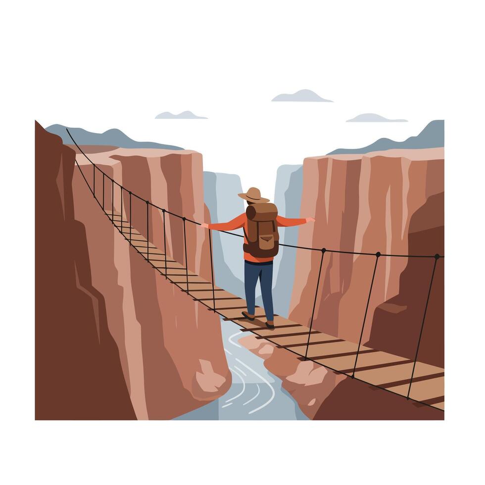 A lone hiker wearing a hat and backpack carefully crossing a narrow wooden suspension bridge over a deep canyon with rocky cliffs and a river below under a cloudy sky vector