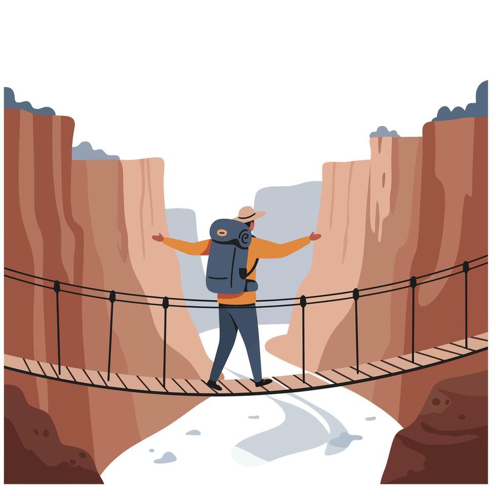 Man with backpack balancing on a narrow wooden suspension bridge over a deep canyon with steep rocky walls during outdoor adventure vector