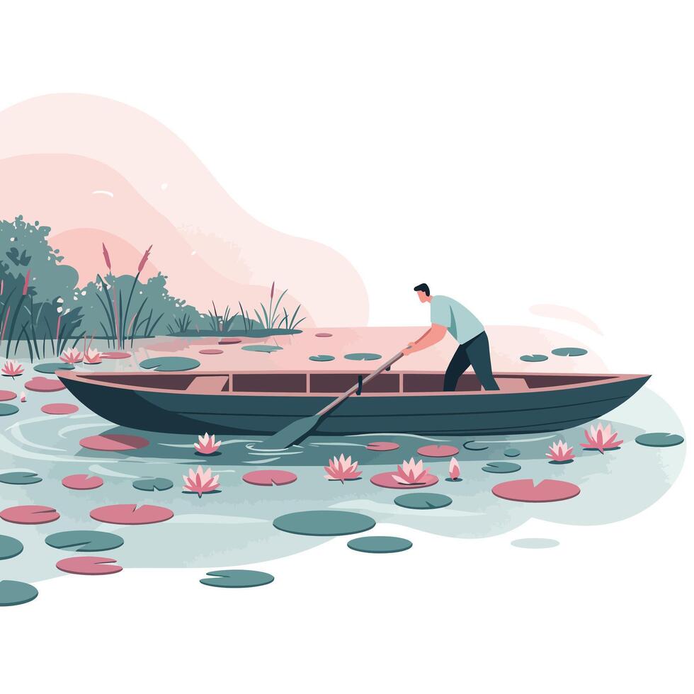 Man rowing a small wooden boat through a calm pond filled with large green lily pads and blooming pink water lilies during a peaceful morning vector
