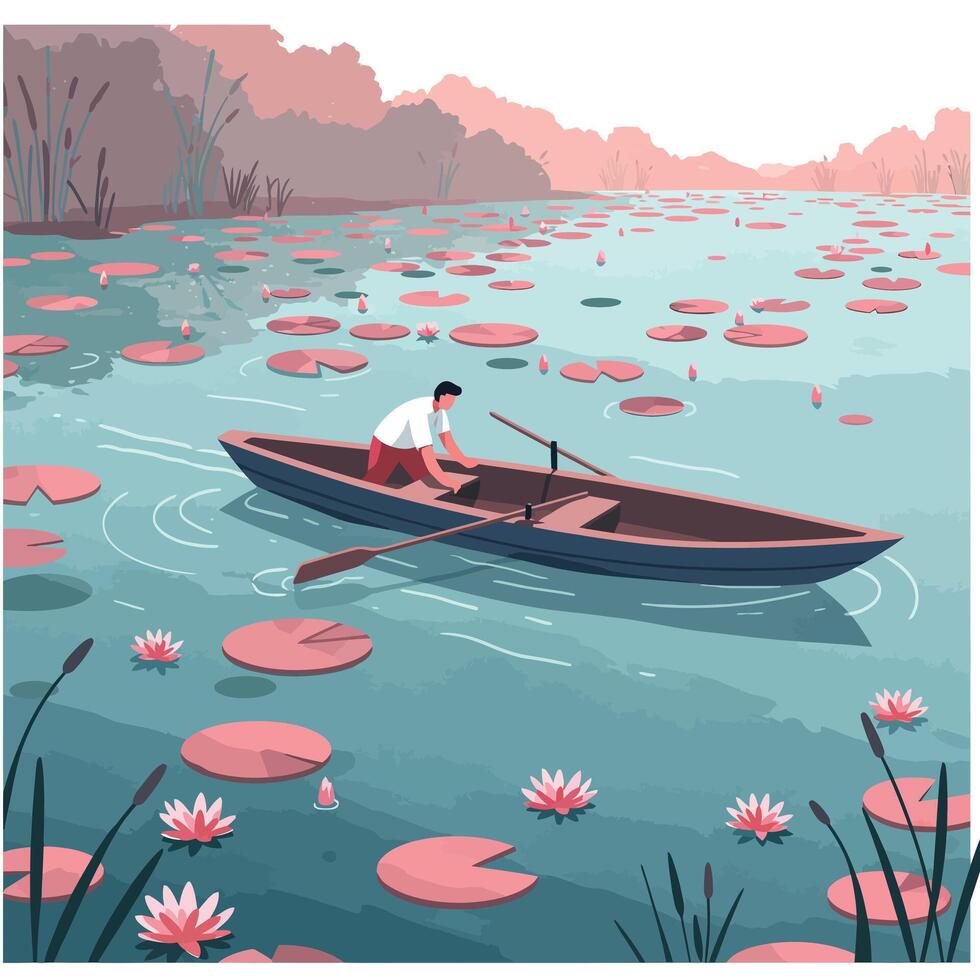 Man rowing a small wooden boat on a calm lake covered with pink water lilies and green lily pads during a peaceful early morning vector