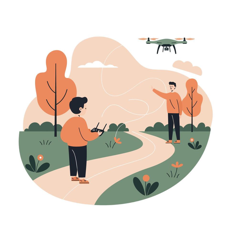 Two boys operating a flying drone in a park surrounded by autumn trees and a winding path under a partly cloudy sky vector