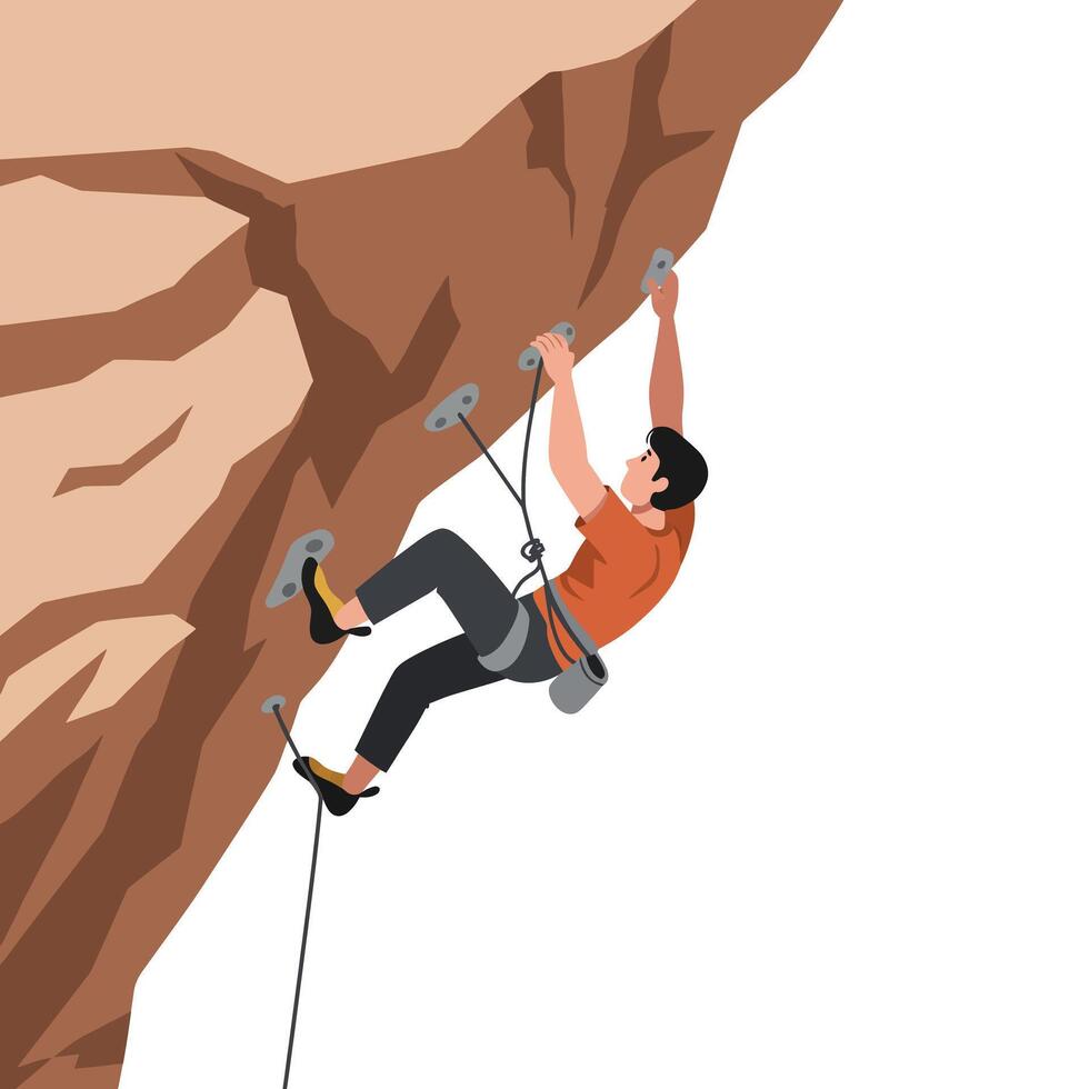 Man wearing orange shirt and black pants climbing steep brown rock face using safety harness and ropes in outdoor adventure activity vector