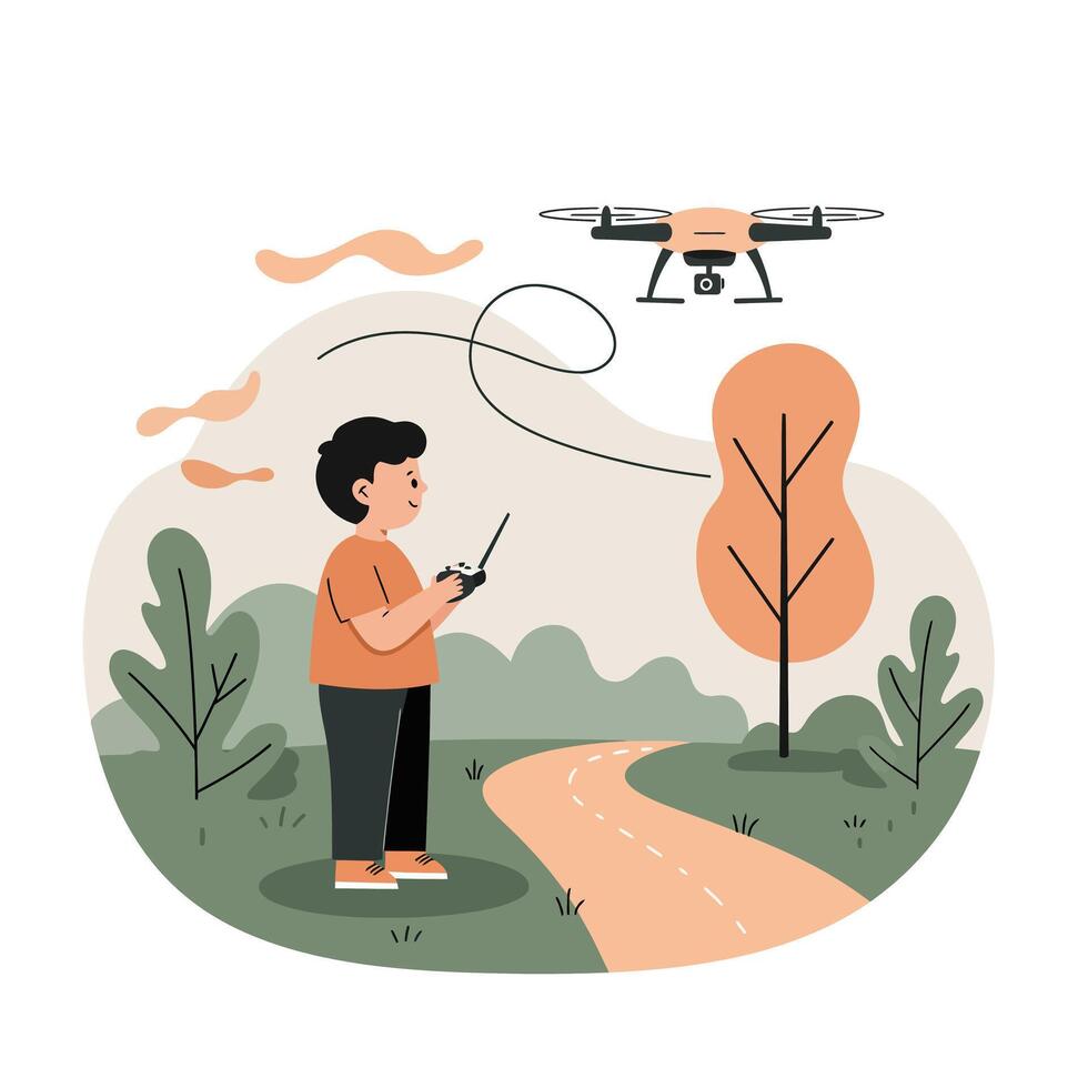 Young boy with curly hair operating remote control drone flying above a winding pathway in a park with green bushes and orange tree during a calm day vector