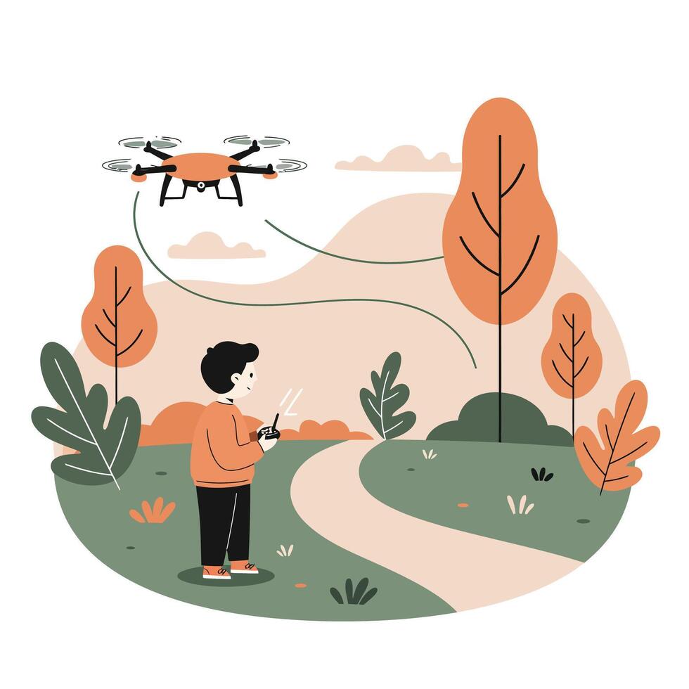 Young boy controlling an orange drone with a remote in a park surrounded by autumn trees and winding pathway in a calm natural setting vector