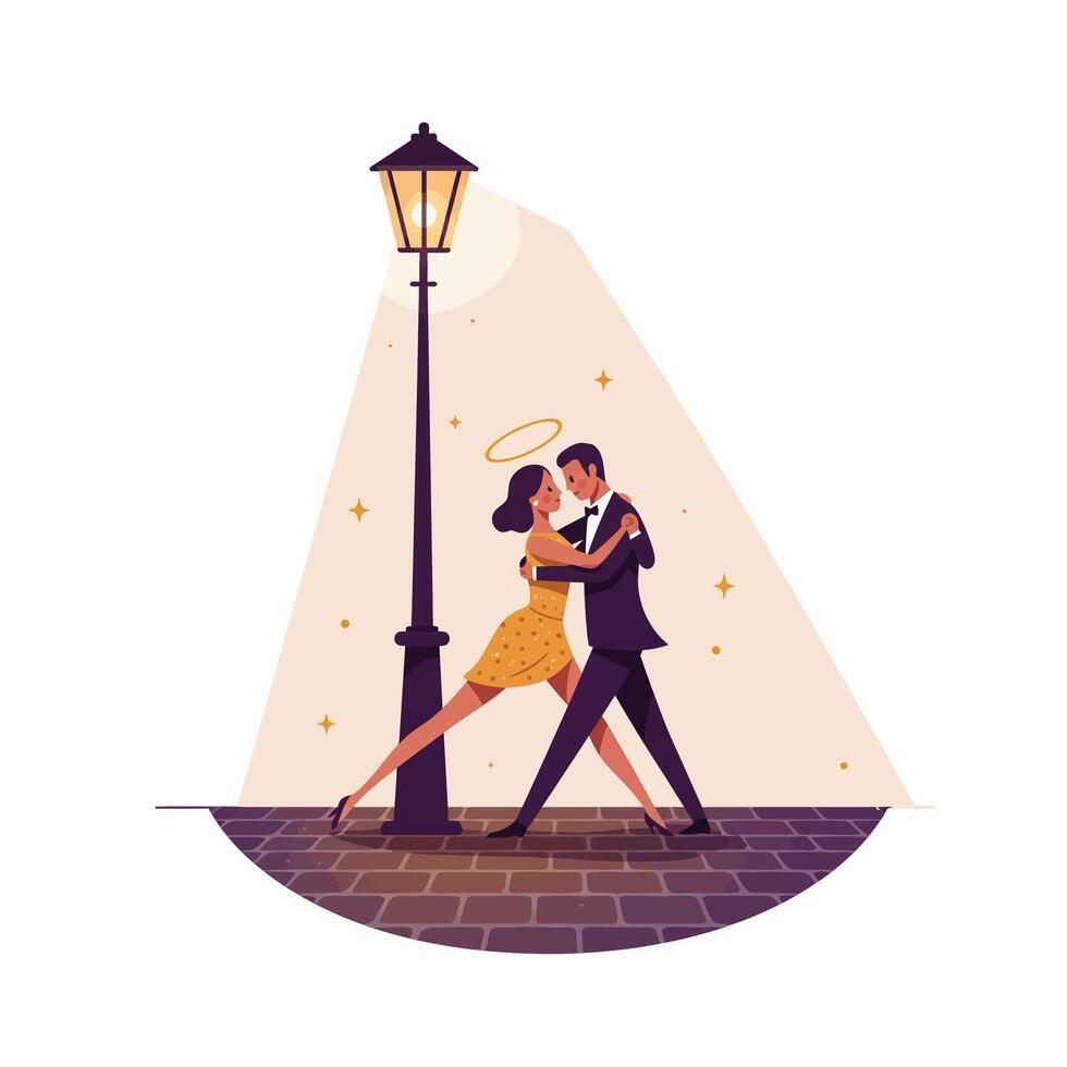 Romantic couple dancing passionately on cobblestone street under warm lamplight with woman in yellow dress and man in dark suit, creating an intimate and magical evening atmosphere vector
