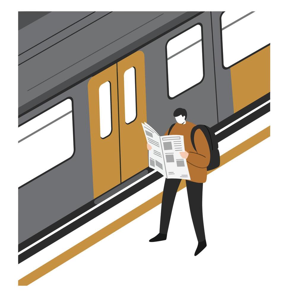 Young man standing on train platform reading newspaper while waiting for train with backpack in urban setting vector
