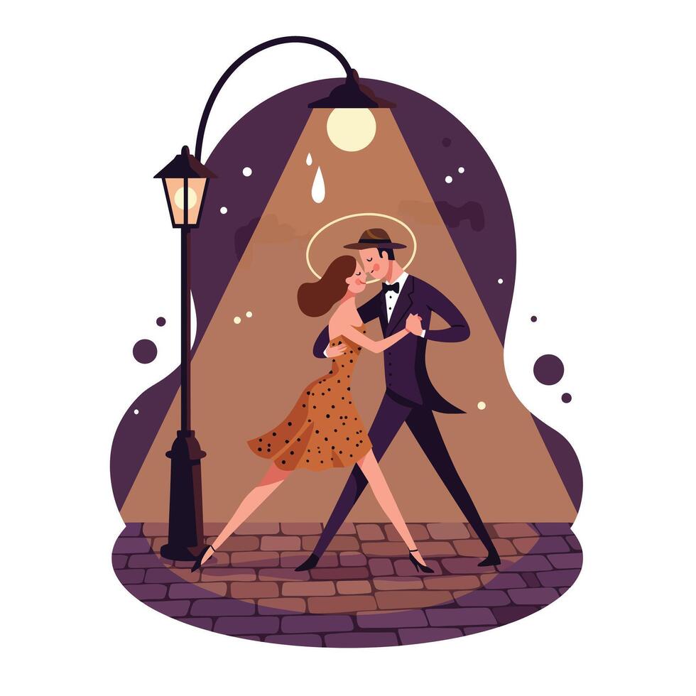 Romantic couple dancing closely under streetlamp light on cobblestone street in evening with vintage attire and graceful movements vector