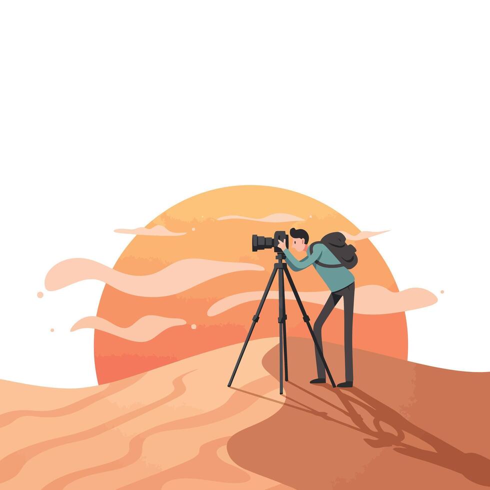 Photographer with long lens camera on tripod capturing desert landscape during sunset with orange sky and soft clouds, focused and calm mood vector
