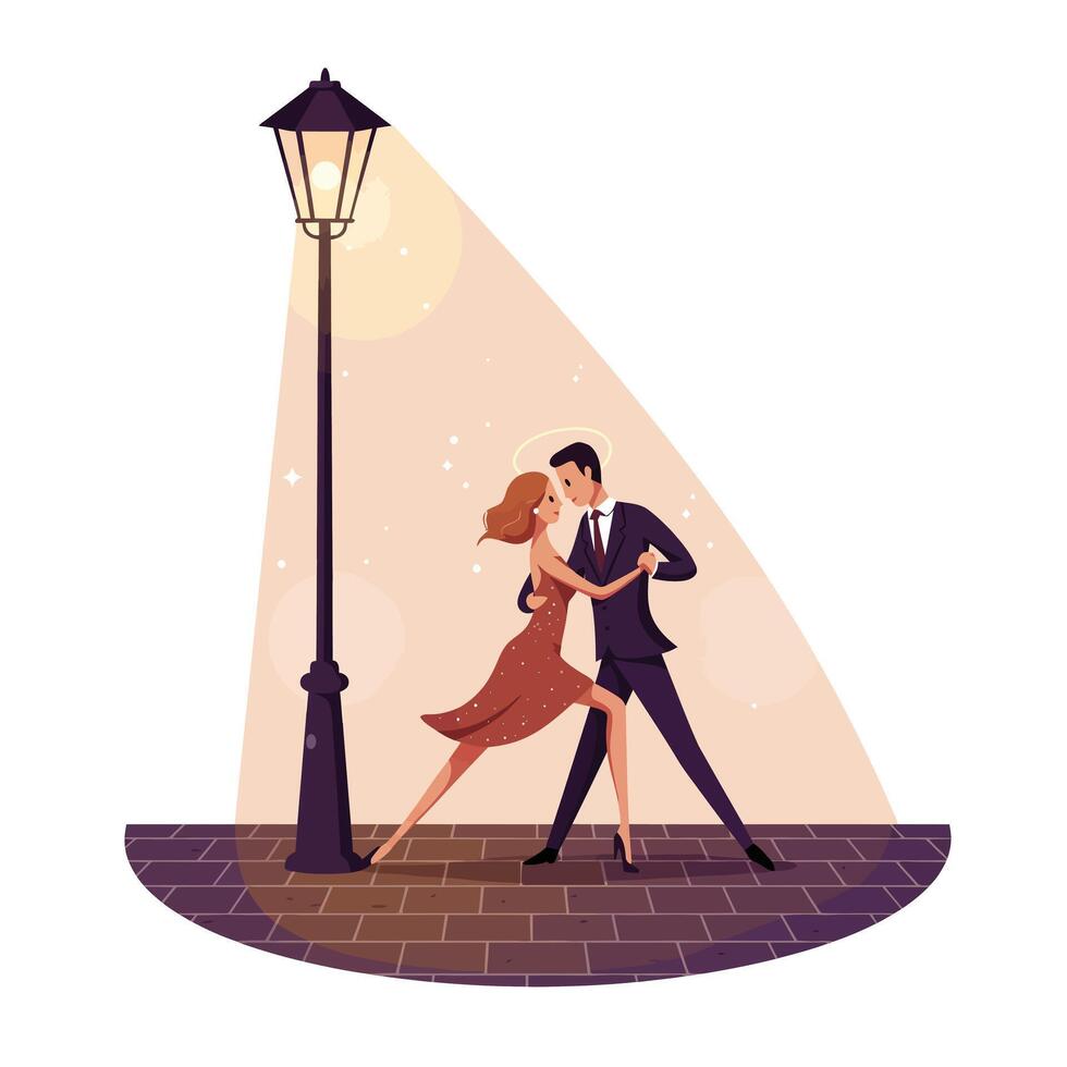 Couple elegantly dancing tango under a glowing street lamp on cobblestone pavement at night with romantic and intimate atmosphere vector