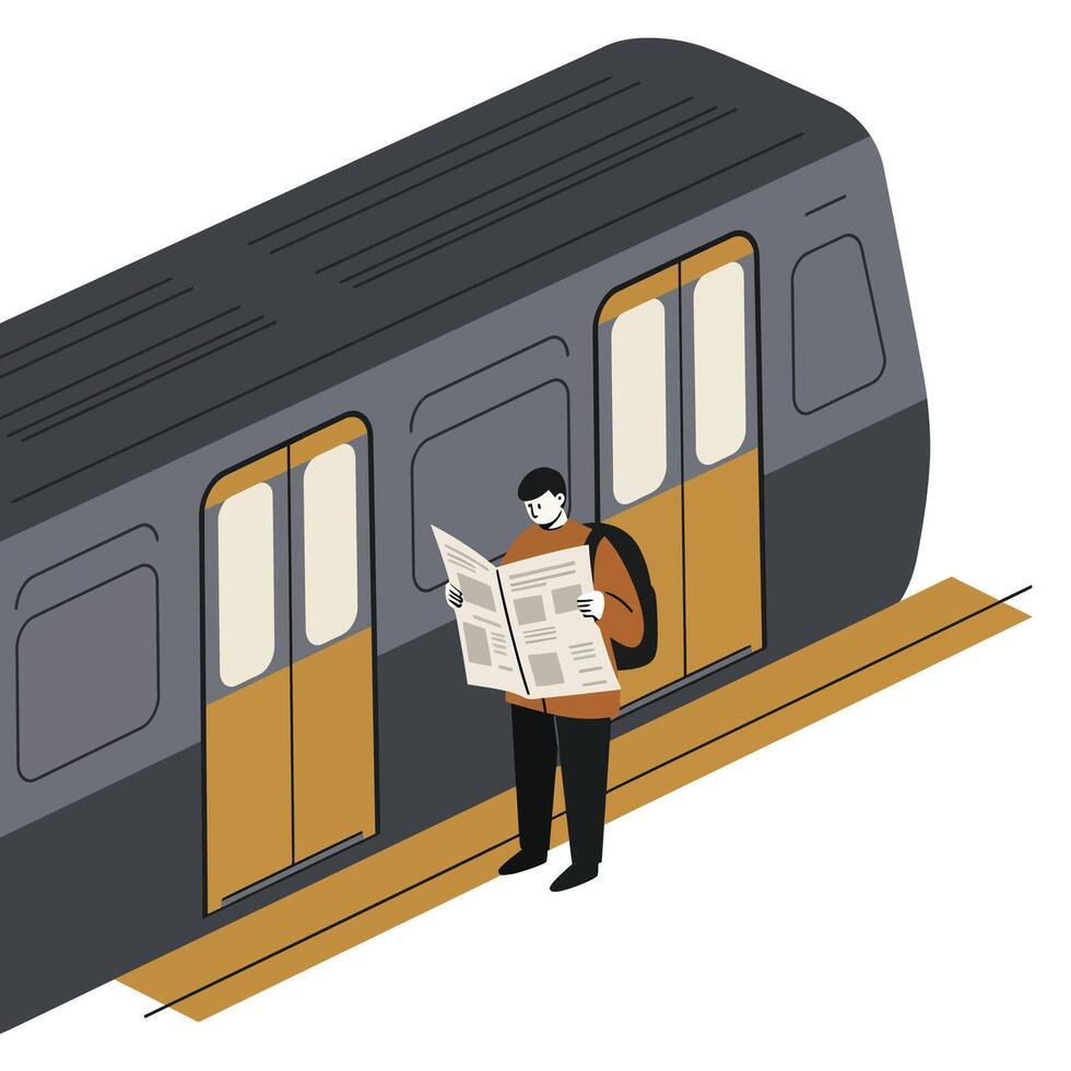Man standing on subway platform reading newspaper beside stationary train with closed doors in urban transit setting vector