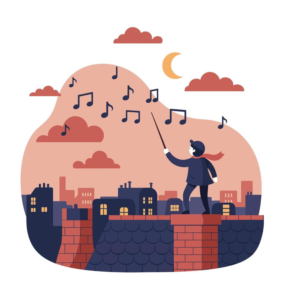 Young boy standing on rooftop at dusk fishing for musical notes with a rod under crescent moon and orange clouds in city skyline vector